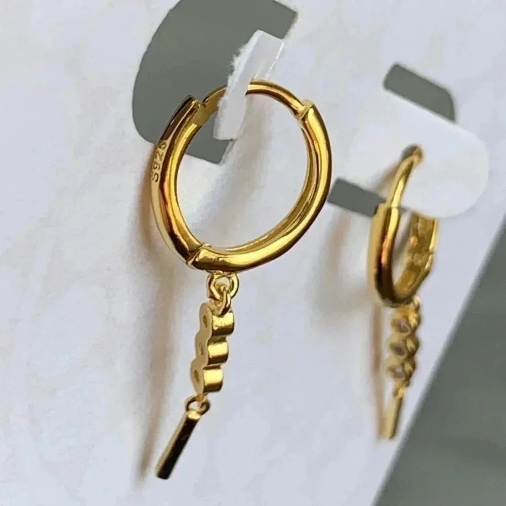 18K Gold Huggie Crystal Dangle Hoop Earrings - Picture 3 of 5